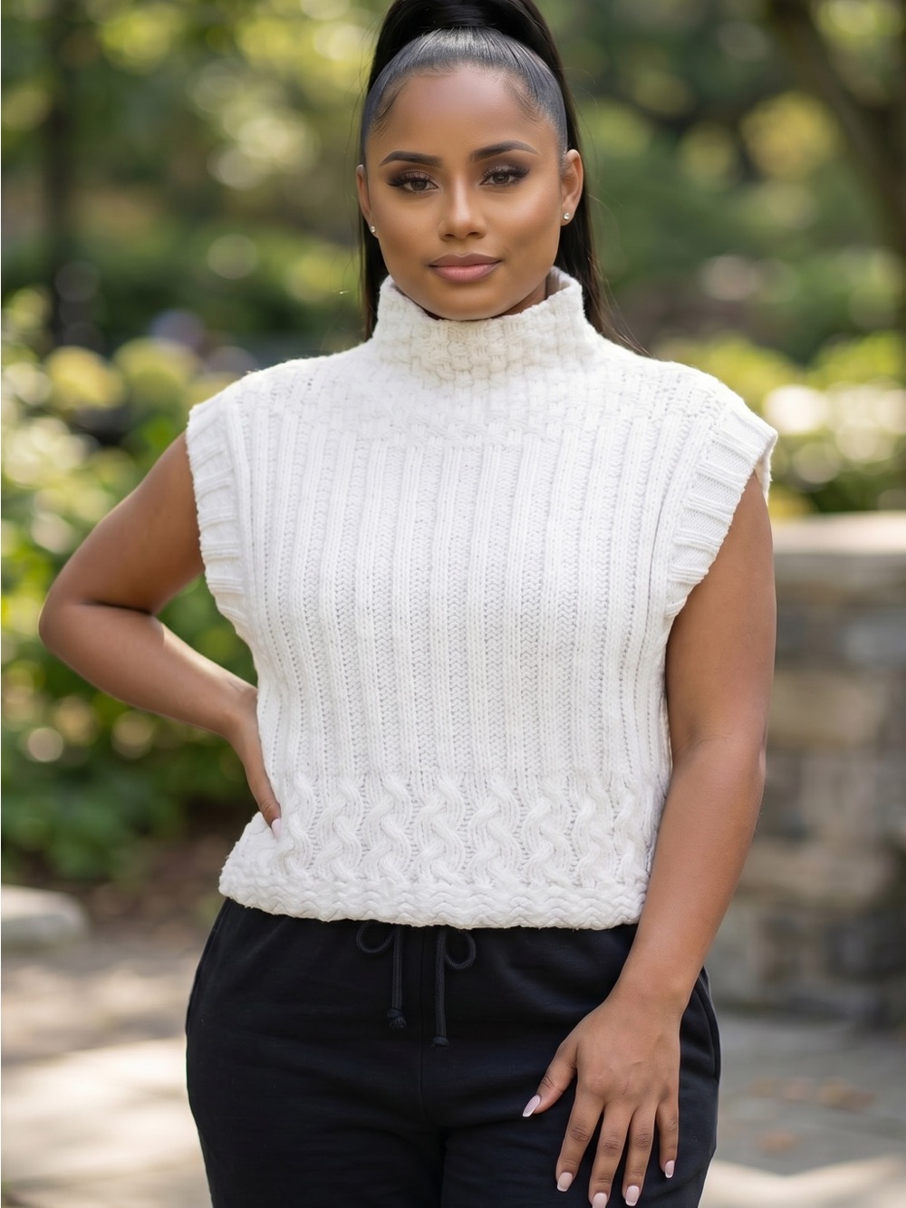 Free People Ivory Cable Sleeveless Turtleneck Vest